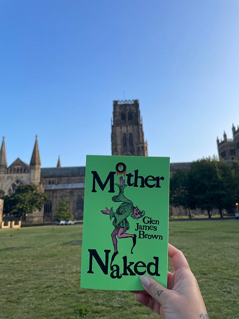 Six photos featuring the bright green paperback of Mother Naked in front of Durham Cathedral.