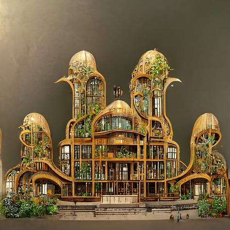 Some images I created with Midjourney using the keywords, “Art Nouveau” and “Solarpunk”, among others.