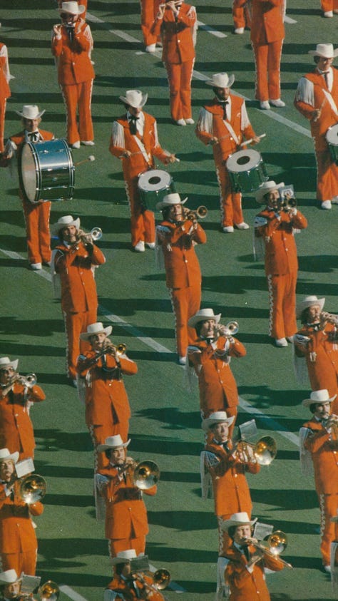 L-R: The author in the band at UT football game, 1979; Band on the field, 1979; The author in the alumni band, 1986.