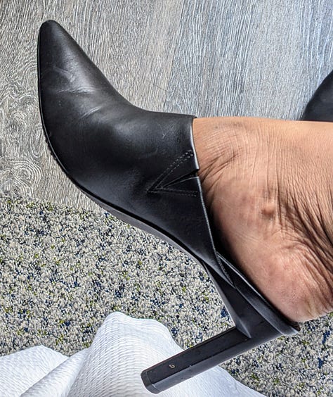 Images of the Vince Camuto Trexanto Mule on the foot, top down and profile shots