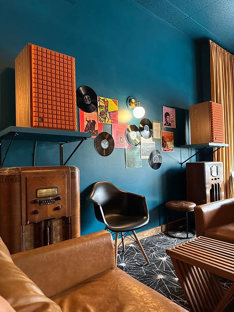 Vinyl records in a lounge with non-alcohol drinks