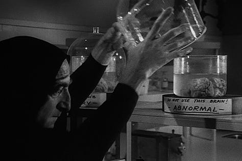 Shots from Young Frankenstein (1974) including Gene Wilder, the Schwartzwalder KirschTorte Cake, and the abnormal Abby Normal brain