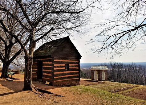 Three images showing the view from Thomas Jefferson's Monticello, including overlooking the gardens, a chimney, and a log cabin.