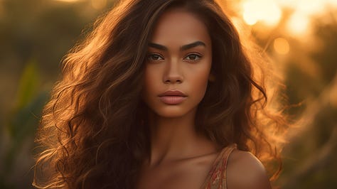 Portrait of a caramel skin toned woman with straight flowing, shoulder length hair, gazing at the camera in a moment of tenderness, golden hour, natural lightning
