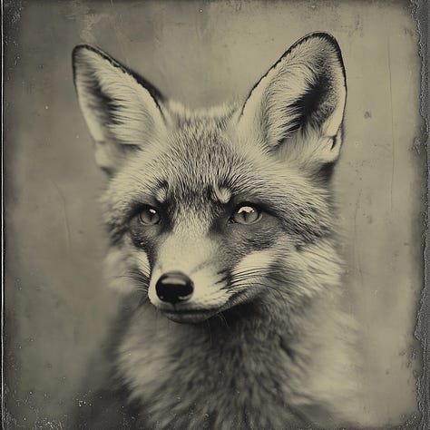 Fox, fruit basket, shooting stars, daguerreotype in Midjourney