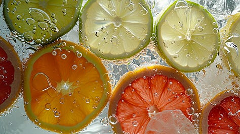  An arrangement of various citrus slices – lemon, lime, orange, and grapefruit – submerged in sparkling water, with bubbles clinging to the fruit, set against a light box for a luminous effect