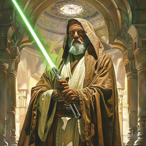 AI Gen images of mystics with laser powered swords.