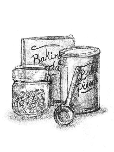 Black and white sketches of baking ingredients, a mixing bowl with a spoon, and a bag of cookies with a gift tag