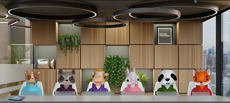 Images of Zoom meetings where attendees are avatar animals