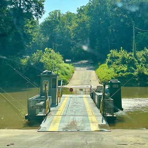 Three images show additional sites to visit while at Mammoth Cave. The first image features a black-top paved trail and a wooden sign indicating the Old Guide's Cemetery is ahead. The second image shows the murky Green River, with the park's ferry centered and ready to accept travelers. The final image is of Sloan's Crossing Pond, which is somewhat swampy; a tree branch frames the image.