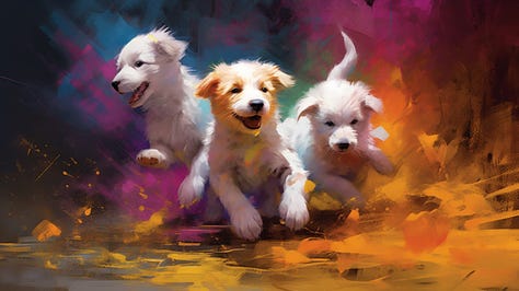 Illustration of puppies playing, splashy paint splotches, jewel-toned colors, hyper-realistic, UHD