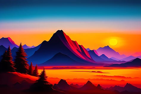 AI-generated images using this prompt: Stylized painting of a mountain range at sunrise.