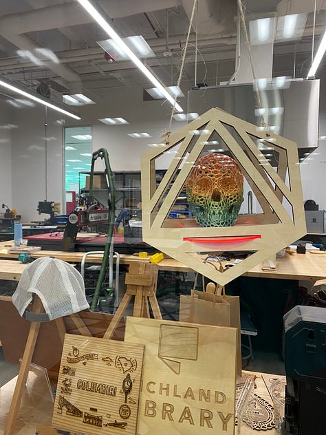 The woodworking studio, audio and video studio, post production lab, fiberart studio, seed library, and photography and tech equipment at Richland Library