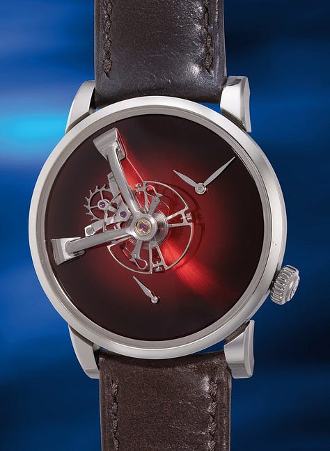 a Cartier Lantern Clock, A Breguet 3357 on bracelet, a Romain Gauthier HM, a De Bethune DB28GS JPS, a Krayon Anywhere, an H. Moser & Cie. Minute Repeater, an Urwerk WR-220 Miami Vibe, a BVLGARI Octo Finnissimo Minute Repeater, and an MB&F x H. Moser LM101 Red