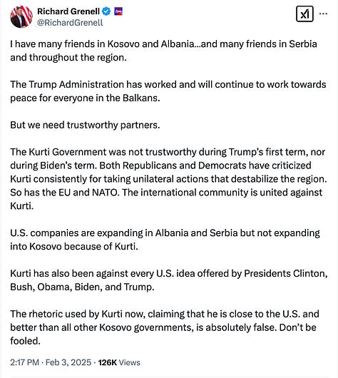 Former U.S. diplomat Richard Grenell criticizes Kosovo's Prime Minister Albin Kurti in a recent social media post, accusing his government of undermining regional stability and hindering U.S. investment in Kosovo. Grenell, who played a key role in Balkan diplomacy during the Trump administration, claims both Republican and Democratic leaders, along with the EU and NATO, share concerns over Kurti's unilateral actions. In the image, Grenell is seen receiving the “Order of the Serbian Flag” from Serbian President Aleksandar Vucic, whom he refers to as "my friend." Vucic, a former key figure in Slobodan Milosevic’s administration known for justifying crimes and war crimes against humanity, awarded Grenell just 31 days after Vucic-backed paramilitary forces led by Milan Radoicic attempted to annex northern Kosovo in September 2023, an operation that resulted in the death of a Kosovar policeman.