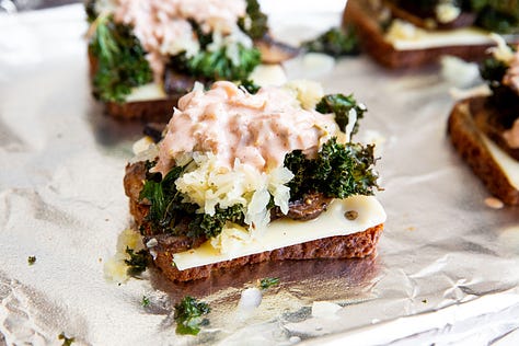 Process shots showing how to make mushroom and kale reubens sandwiches.