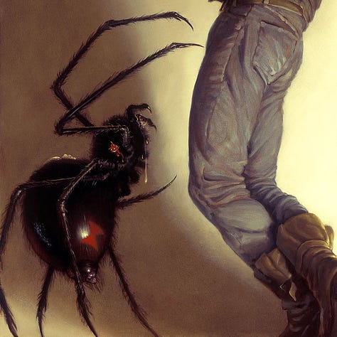 LEFT: Detail from WALTER'S END featuring a man in denim jacket recoiling as if struck. He reached for his face obscuring our view with the sleeve. His hair is a whip of motion as a small amount of blood spatters, vibrant red against the neutral background. CENTER: Detail from WALTER'S END featuring Mordred in spider form with a human face barely seen on its back. It rears up on four legs revealing a red hourglass symbol on its thorax. A gob of drool drips from its maw. Its fangs are out toward its victim. A trace of red on the very tip of one. More red drips from the side of its head. RIGHT: Close detail from WALTER'S END featuring the face on Mordred's back.