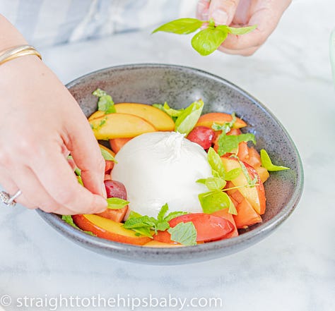 eggplant caprese salad, fresh burrata with melon & nectarines, and blueberry lemonade 