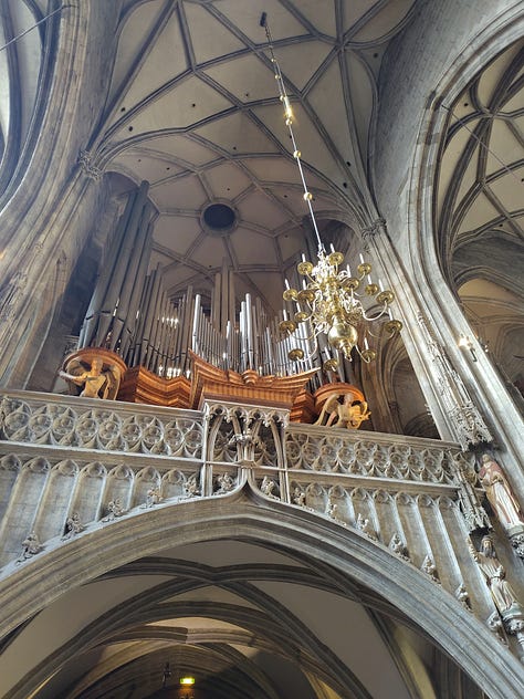 Photos of the exterior and interior of the Stephansdom, a 14th century Gothic cathedral in Vienna.