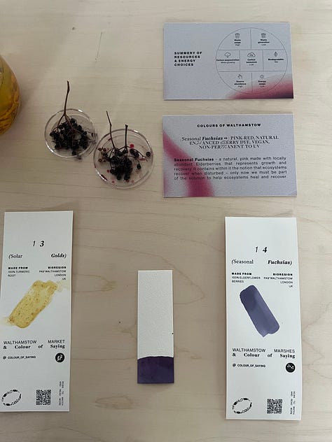 1-3. Colours of Walthamstow colour samples on paper with ingredients, including turmeric, elderberry, denim waste, verdigris and indigo.