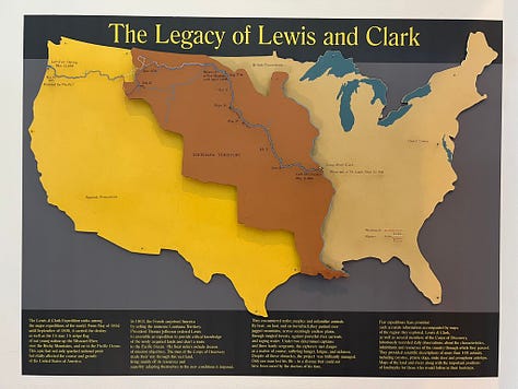 Top right left to bottom right: Fort de Chartres outside of Prairie du Rocher, Illinois;  St. Genevieve, Missouri; Confluence of the Mississippi and Missouri Rivers at St. Charles, Missouri; Exhibit on Lewis & Clark's expedition; George Rogers Clark Memorial, Vincennes, Indiana; the largest mound of the Cahokia people outside Collinsville, Illinois 