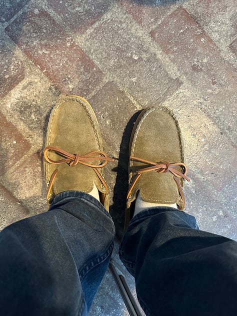 Three pairs of shoes I wore on the road this week: Custom Air Max 90s styled after my defunct podcast, Sean Wotherspoon Corduroy Adidas Gazelles, and Easymoc Moccasins.