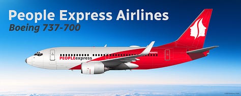 The current People Express Airlines fleet: 1) Boeing 737 MAX 8, and 2) Boeing 737-800, 3) Boeing 737-700.