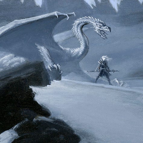 LEFT: Detail from ELRIC AND THE COLD DRAKE featuring Elric standing on a snow covered hill with an enormous white dragon. Its serpentine neck is coiled in an "S" as its jaw part in a hiss to reveal its long slender tongue. CENTER: Close detail from ELRIC AND THE COLD DRAKE featuring skulls half buried in snow from the foreground of the painting. RIGHT: Close detail from ELRIC AND THE COLD DRAKE featuring a tighter view of Elric with windswept hair. He is dressed in black with silver accents. He grasps Stormbringer in its sheather slung  slung at waist heigh behind his back.