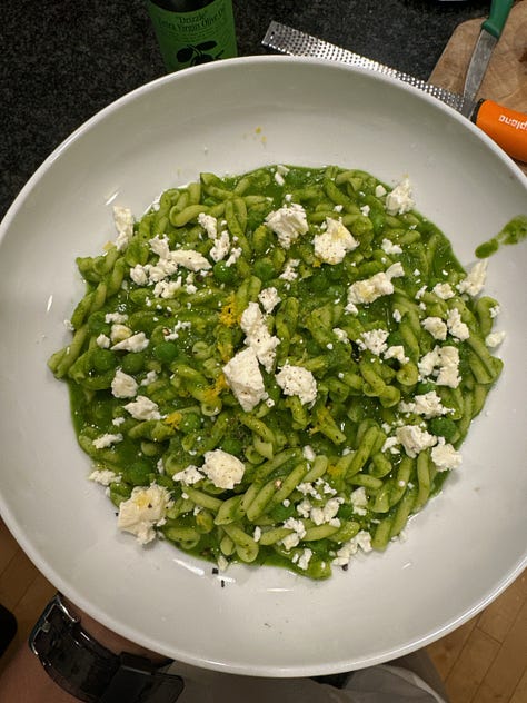 pictures of a table with bowls of pasta, a bowl of green pasta, a picnic blanket with many sodas and dips