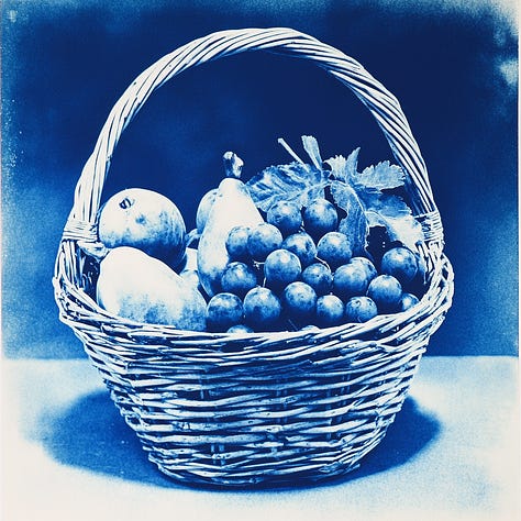 Fox, fruit basket, shooting stars, cyanotype in Midjourney