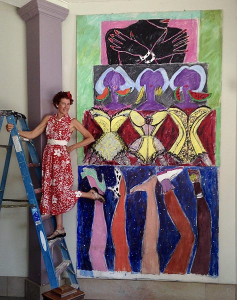 Images of the artist and her paintings in the 1980 and in 2024, covers to the children's albums, and two abstract collages.