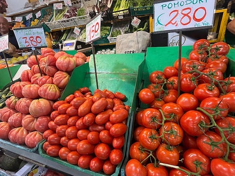 fruttivendolo in italy, all kinds of fresh fruits and vegetables of all colors of the rainbow