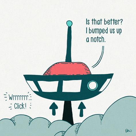 A comic about a couple arguing in a futuristic house in the sky that can levitate above the clouds on command. 