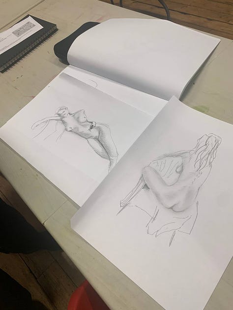 Life drawing of female nude model in Wales