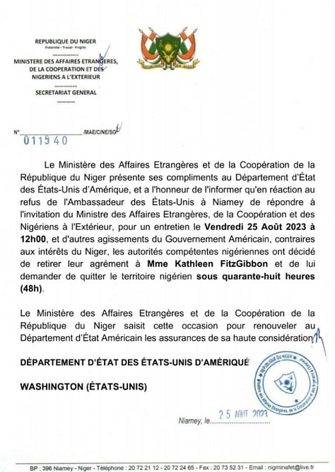 Series of expulsion notices for the French, German, Nigerian, American, and Ivory Coast ambassadors