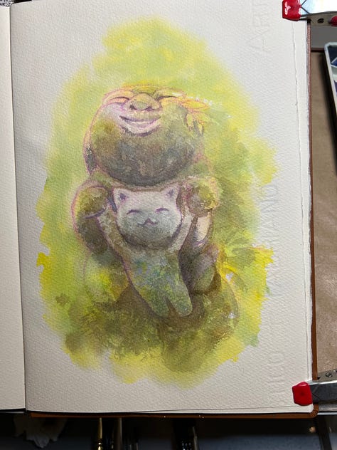 Rakan and his cat, japanese statue, stone statue, watercolor painting, painting process