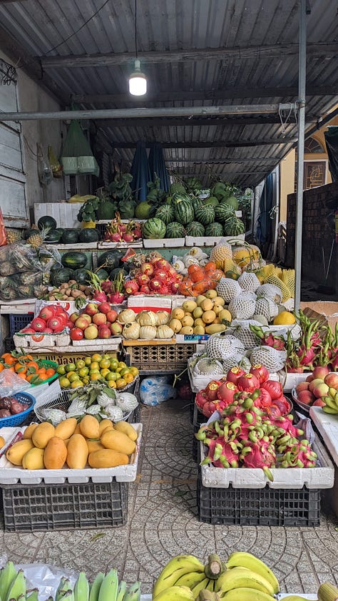 trio of fruit photos from vietnamese produce stand