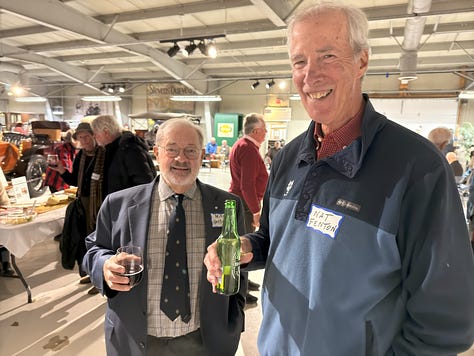 Photos of people socializing at a museum event filled with antique cars