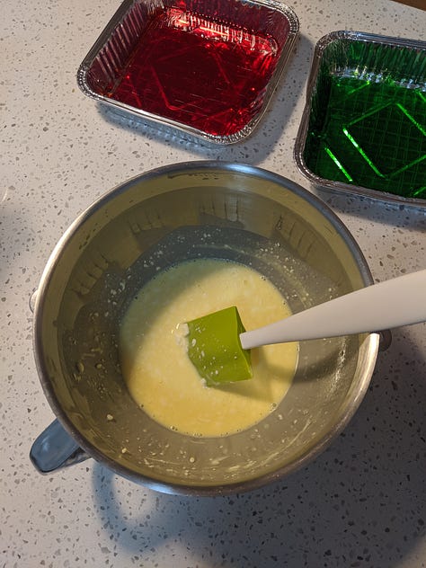 step-by-step images of a 1950s Jello dessert cake recipe, including red and green Jello, lady fingers and cream cheese
