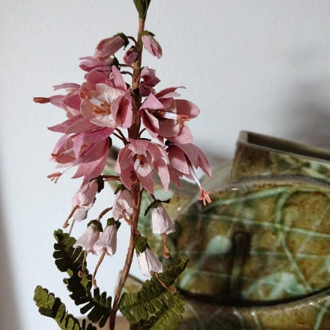 Image 1 - a paper sculpture of heather, enlarged, stained using beetroot a dull reddish pink. Image 2 - vibrant natural heather photographed on a moor in Shropshire, bright pink with plenty of rich green foliage. Image 3 - my most recent paper heather sculpture, a closer match in colour to the real thing, photographed against a black back ground