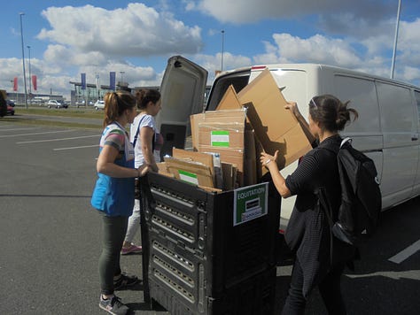 Nine photos of film production crew collecting, painting, building sets with, and filming cardboard.