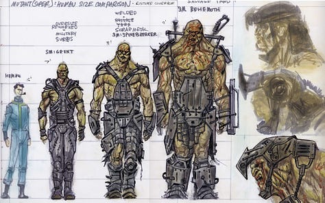 This is a series of images from Fallout 3 and 4, featuring 2D concept art and 3D models.