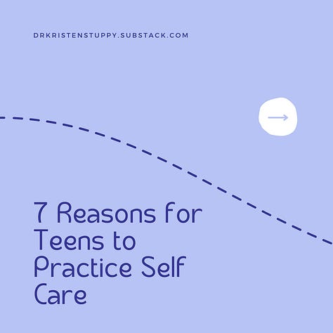 This is a visually pleasing representation with light blue background and blue lettering, with a dotted line moving from one image to the next. Each image lists the titles of the 7 self-care items listed below the image gallergy.