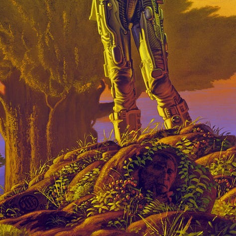 LEFT: Detail from GISKARD featuring a robot with hip cocked and hands clasped over its forehead as if shielding its eyes. Behind it a massive alien tree echoes the outward flare of its elbows. The trunk is massive. Smaller trees on narrow trunks climb high with the leaf cover shifted right possibly from the wind. The hills in the background are rendered in waves of purple. To the left of the tree are signs of buildings on the ridge line in the distance set off by points of light that represent windows. CENTER: Detail from GISKARD featuring the robot in a human pose with hip slightly cocked left and hands clasped over its forehead, simultaneously evoking a burden of thought and shielding its eyes from the light of the sun. The robot is made of a combination of mechanics and silver leathery fabric. It isn't all plates of steel. RIGHT: Close detail from GISKARD featuring the face of Elijah Bailey in the mound of dirt at the robots feet. He's an older man looking ponderous as he rubs his chin. Leaves frame the earthy image. To the lower left berries grow.