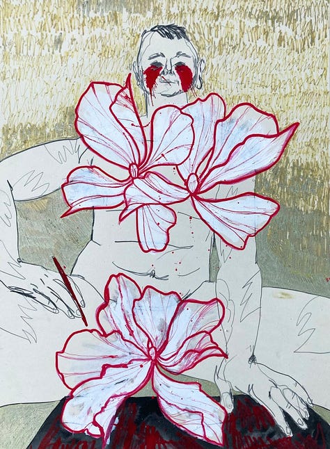 self portraits of the autor, naked, flowers blossoming form eyes, boobies, intimates parts :)