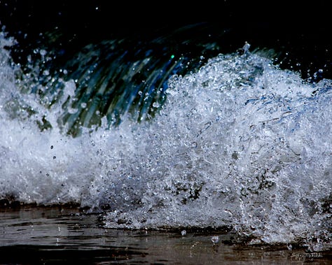 A series of three images show a close-up of a crashing wave, first in natural colors, then dark, then neon.