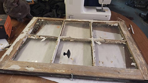 Series of images of an old window being turned into a towel rack