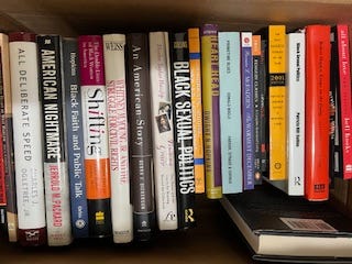 A selection of books in nine images. Each image has several books all lined up together in a row. One is a top-down look at four books that features their covers instead of their spines. Titles include:  W.E.B. Du Bois' "The Philadelphia Negro," "Between Past and Future" and "Human Condition" by Hannah Arendt, "Middle Passages: African American Journeys to Africa," 1787-2005," Michael Eric Dyson's "Holler If You Hear Me," and "City Schools and the American Dream: Reclaiming the Promise of Public Education" by Pedro A. Noguera and James A. Banks