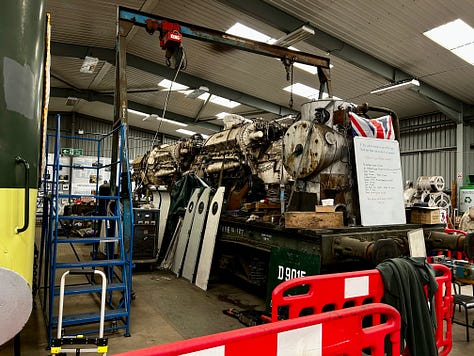 3 pictures. 1 - a Deltic Diesel Locomotive and the other two Deltic engines undergoing restoration. Images: Roland's Travels