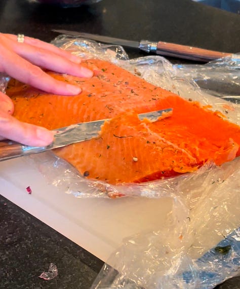 Salmon getting cured to make gravlax